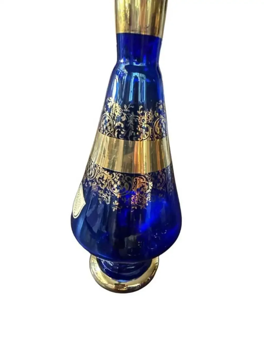 Florentine Decanter Set Cobalt Blue Gold Trim, Glass Stopper and 5 Cups